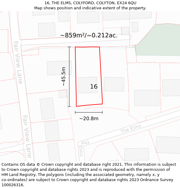 16, THE ELMS, COLYFORD, COLYTON, EX24 6QU: Plot and title map