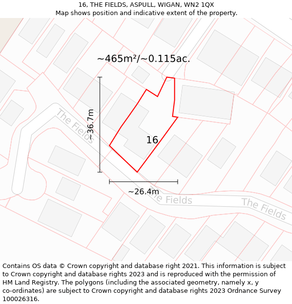 16, THE FIELDS, ASPULL, WIGAN, WN2 1QX: Plot and title map