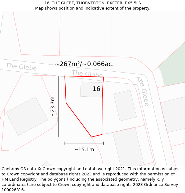 16, THE GLEBE, THORVERTON, EXETER, EX5 5LS: Plot and title map