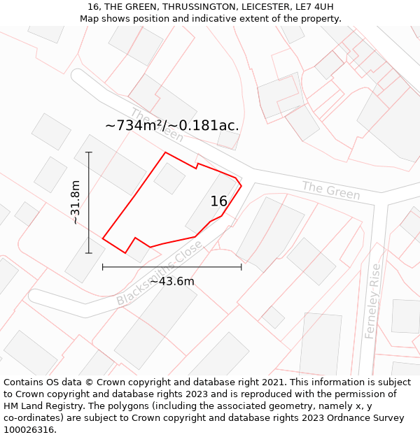 16, THE GREEN, THRUSSINGTON, LEICESTER, LE7 4UH: Plot and title map