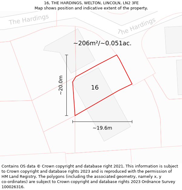 16, THE HARDINGS, WELTON, LINCOLN, LN2 3FE: Plot and title map