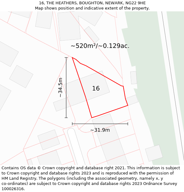 16, THE HEATHERS, BOUGHTON, NEWARK, NG22 9HE: Plot and title map