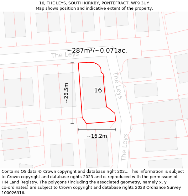 16, THE LEYS, SOUTH KIRKBY, PONTEFRACT, WF9 3UY: Plot and title map
