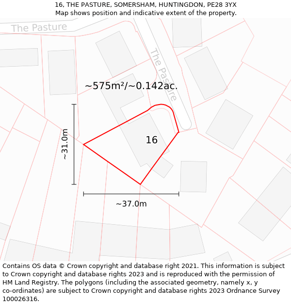 16, THE PASTURE, SOMERSHAM, HUNTINGDON, PE28 3YX: Plot and title map