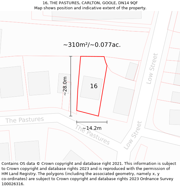 16, THE PASTURES, CARLTON, GOOLE, DN14 9QF: Plot and title map