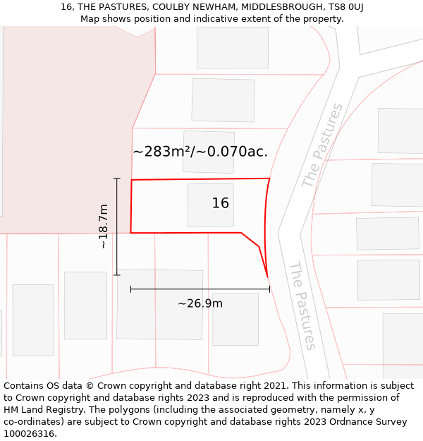 16, THE PASTURES, COULBY NEWHAM, MIDDLESBROUGH, TS8 0UJ: Plot and title map