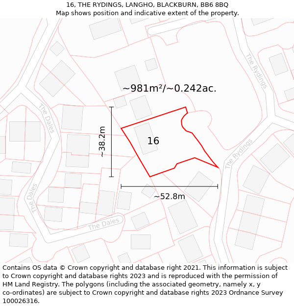 16, THE RYDINGS, LANGHO, BLACKBURN, BB6 8BQ: Plot and title map