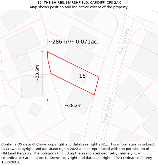 16, THE SHIRES, MARSHFIELD, CARDIFF, CF3 2AX: Plot and title map