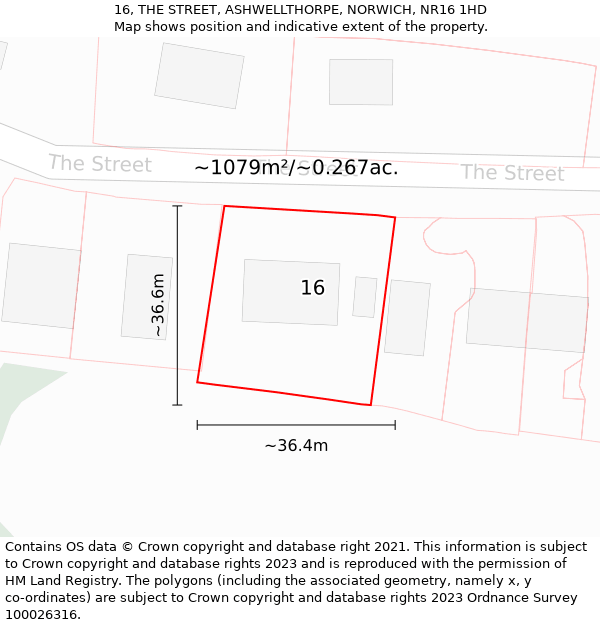 16, THE STREET, ASHWELLTHORPE, NORWICH, NR16 1HD: Plot and title map