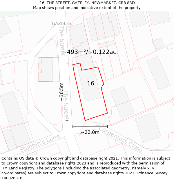 16, THE STREET, GAZELEY, NEWMARKET, CB8 8RD: Plot and title map