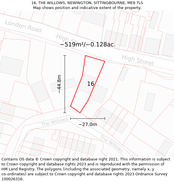 16, THE WILLOWS, NEWINGTON, SITTINGBOURNE, ME9 7LS: Plot and title map