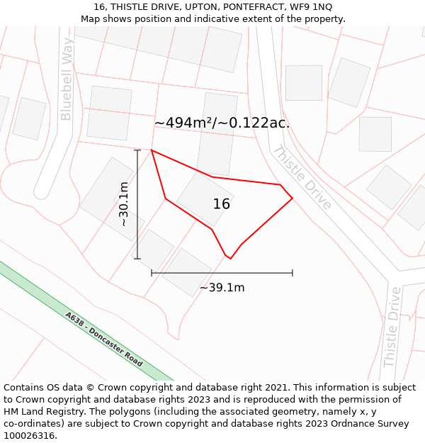 16, THISTLE DRIVE, UPTON, PONTEFRACT, WF9 1NQ: Plot and title map