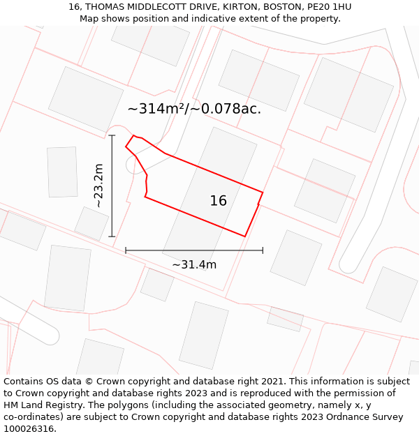 16, THOMAS MIDDLECOTT DRIVE, KIRTON, BOSTON, PE20 1HU: Plot and title map