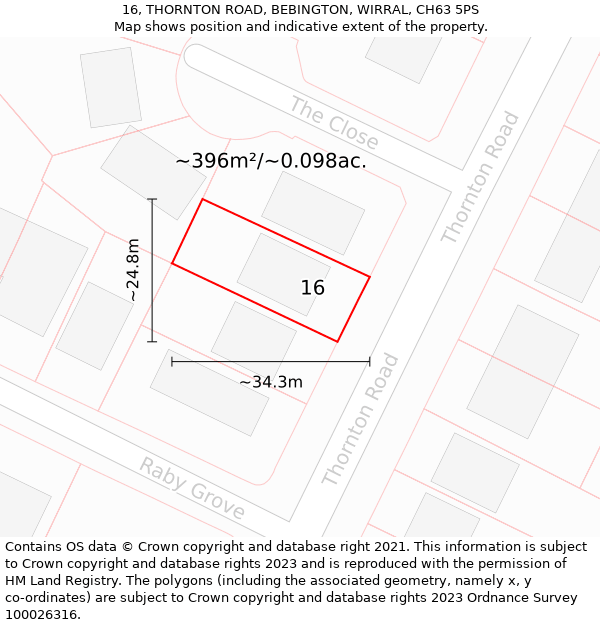 16, THORNTON ROAD, BEBINGTON, WIRRAL, CH63 5PS: Plot and title map