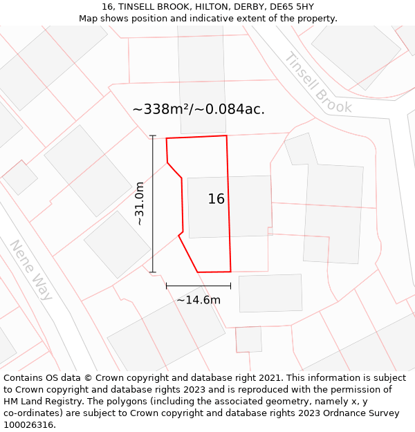 16, TINSELL BROOK, HILTON, DERBY, DE65 5HY: Plot and title map