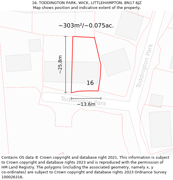 16, TODDINGTON PARK, WICK, LITTLEHAMPTON, BN17 6JZ: Plot and title map