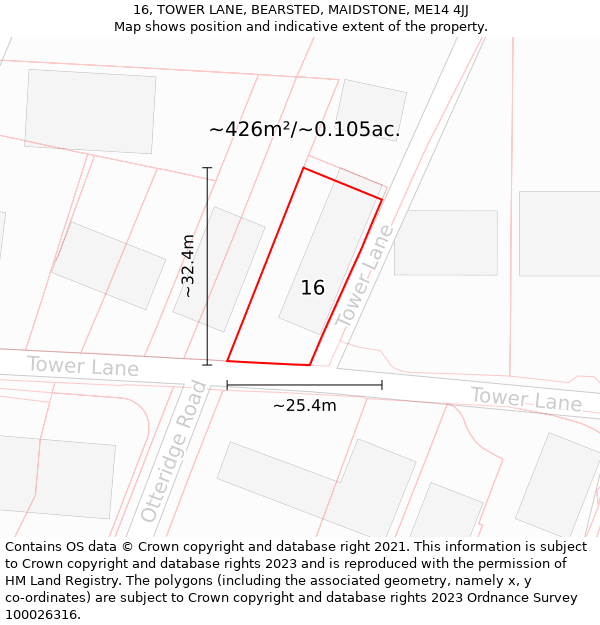 16, TOWER LANE, BEARSTED, MAIDSTONE, ME14 4JJ: Plot and title map