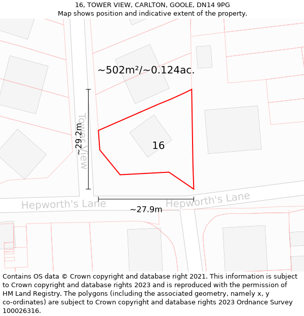 16, TOWER VIEW, CARLTON, GOOLE, DN14 9PG: Plot and title map