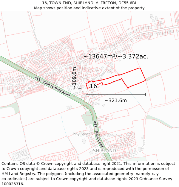 16, TOWN END, SHIRLAND, ALFRETON, DE55 6BL: Plot and title map