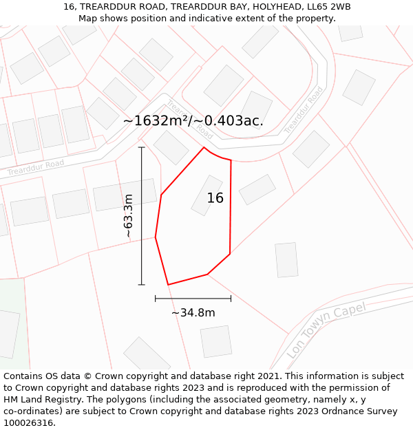 16, TREARDDUR ROAD, TREARDDUR BAY, HOLYHEAD, LL65 2WB: Plot and title map