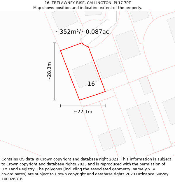 16, TRELAWNEY RISE, CALLINGTON, PL17 7PT: Plot and title map