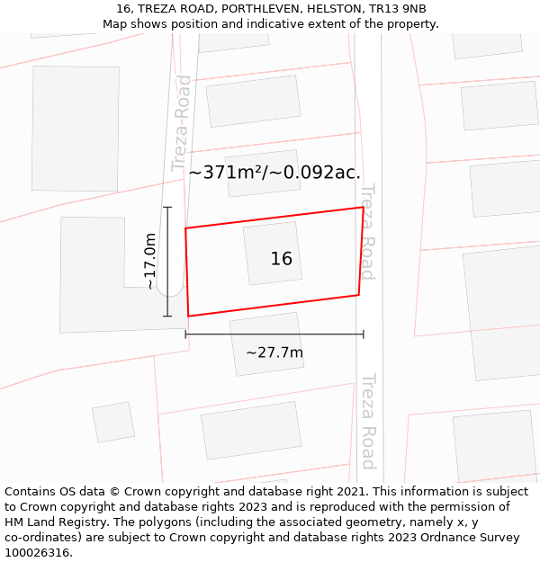 16, TREZA ROAD, PORTHLEVEN, HELSTON, TR13 9NB: Plot and title map