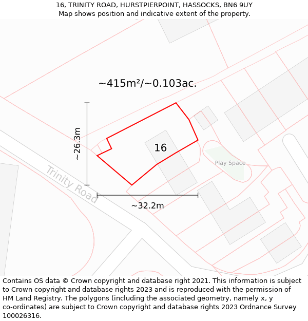 16, TRINITY ROAD, HURSTPIERPOINT, HASSOCKS, BN6 9UY: Plot and title map
