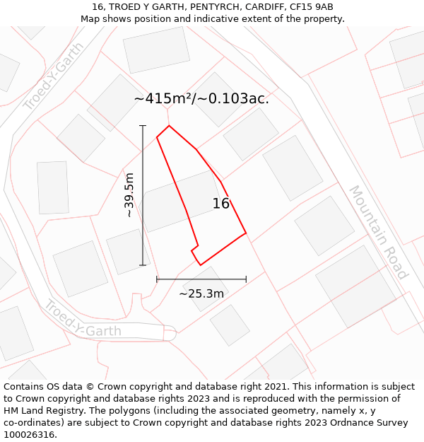 16, TROED Y GARTH, PENTYRCH, CARDIFF, CF15 9AB: Plot and title map