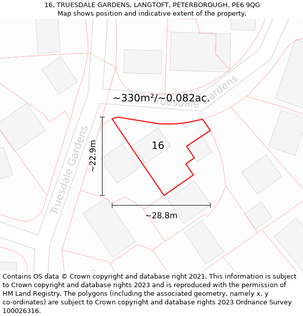 16, TRUESDALE GARDENS, LANGTOFT, PETERBOROUGH, PE6 9QG: Plot and title map