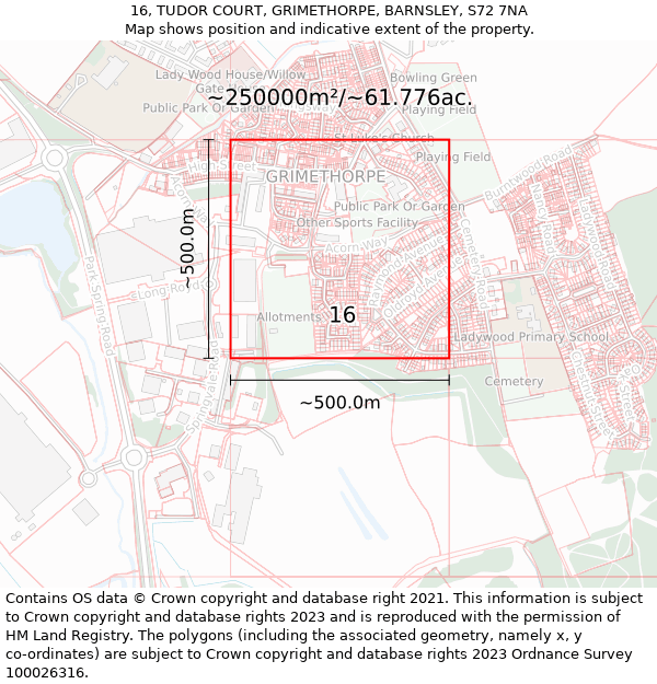 16, TUDOR COURT, GRIMETHORPE, BARNSLEY, S72 7NA: Plot and title map