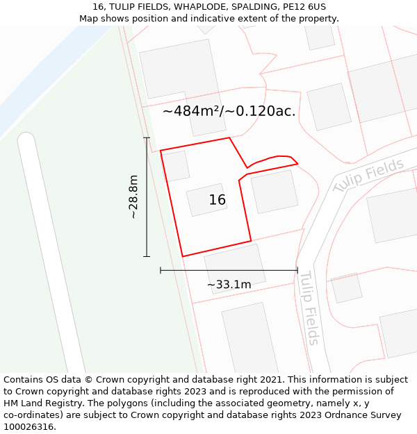 16, TULIP FIELDS, WHAPLODE, SPALDING, PE12 6US: Plot and title map