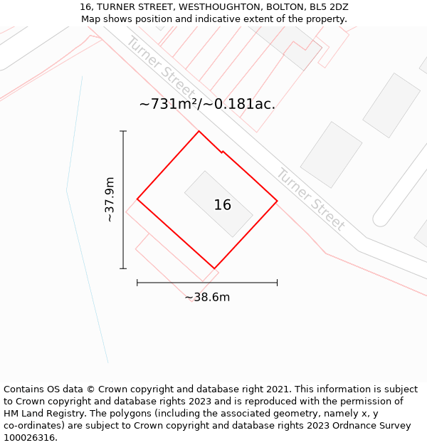 16, TURNER STREET, WESTHOUGHTON, BOLTON, BL5 2DZ: Plot and title map