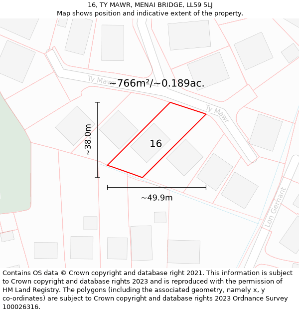 16, TY MAWR, MENAI BRIDGE, LL59 5LJ: Plot and title map