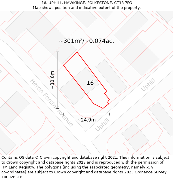 16, UPHILL, HAWKINGE, FOLKESTONE, CT18 7FG: Plot and title map