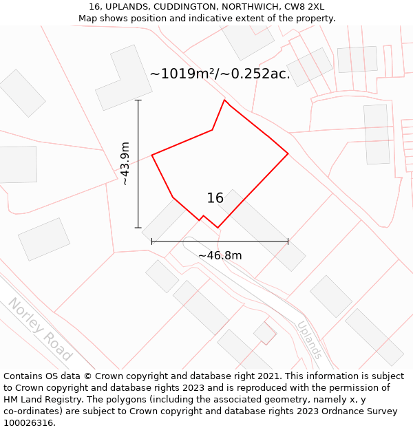 16, UPLANDS, CUDDINGTON, NORTHWICH, CW8 2XL: Plot and title map