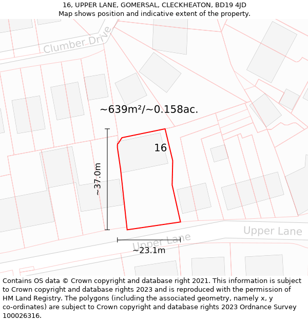 16, UPPER LANE, GOMERSAL, CLECKHEATON, BD19 4JD: Plot and title map