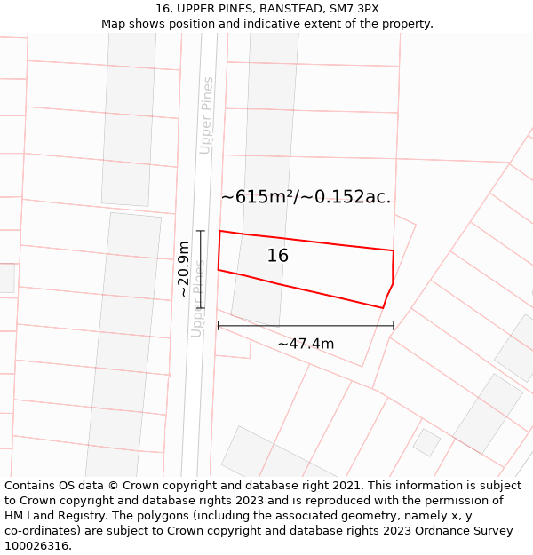 16, UPPER PINES, BANSTEAD, SM7 3PX: Plot and title map