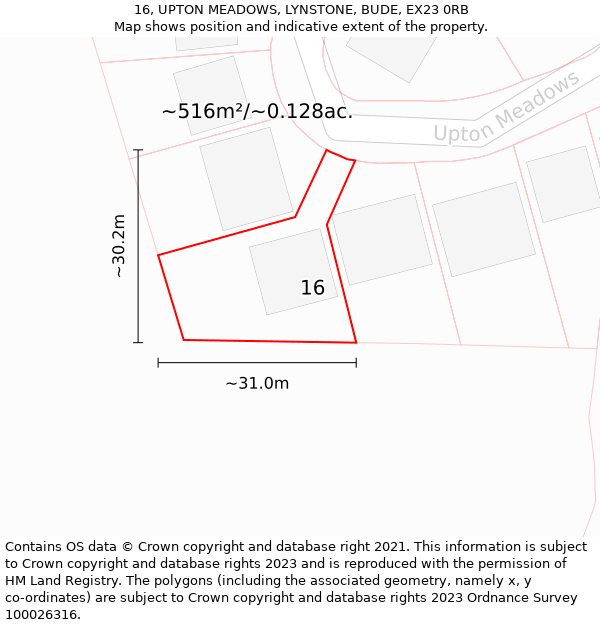 16, UPTON MEADOWS, LYNSTONE, BUDE, EX23 0RB: Plot and title map