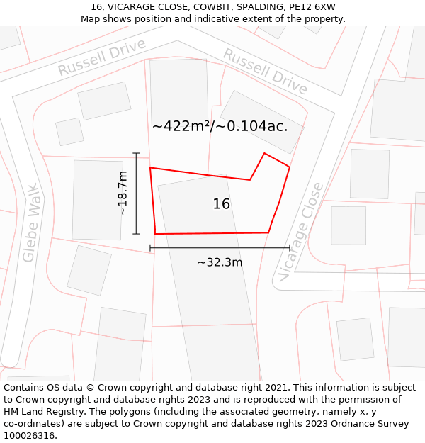 16, VICARAGE CLOSE, COWBIT, SPALDING, PE12 6XW: Plot and title map