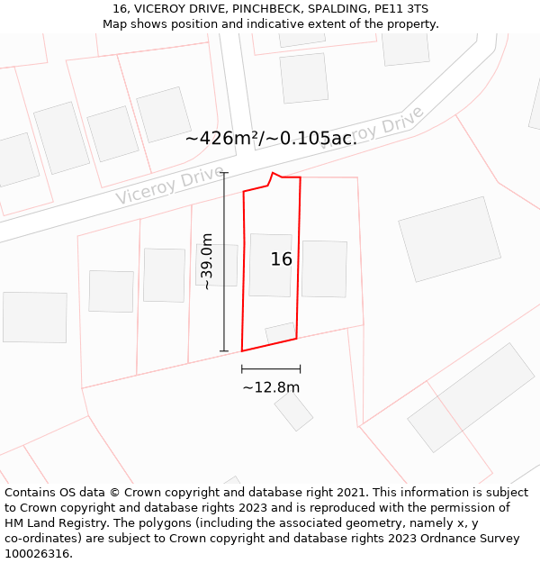 16, VICEROY DRIVE, PINCHBECK, SPALDING, PE11 3TS: Plot and title map