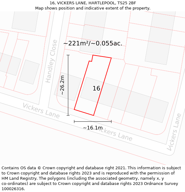 16, VICKERS LANE, HARTLEPOOL, TS25 2BF: Plot and title map