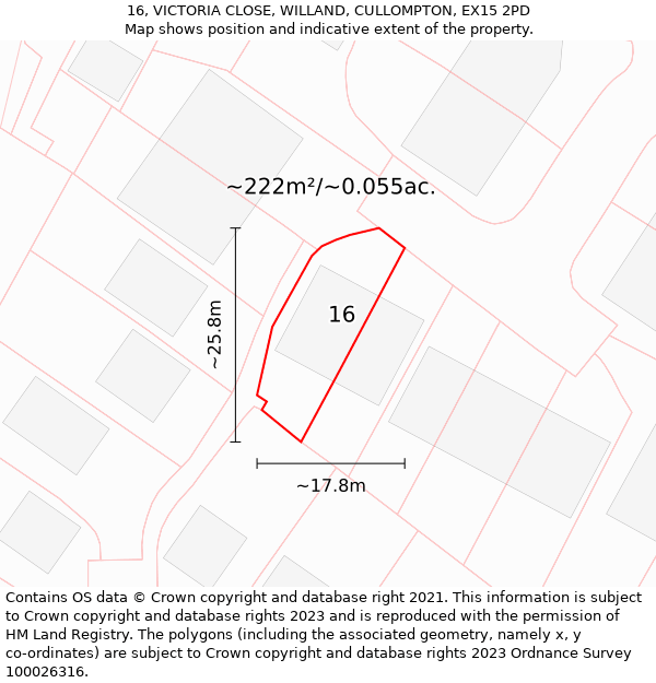 16, VICTORIA CLOSE, WILLAND, CULLOMPTON, EX15 2PD: Plot and title map