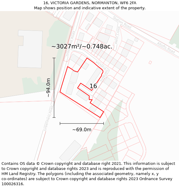 16, VICTORIA GARDENS, NORMANTON, WF6 2FA: Plot and title map
