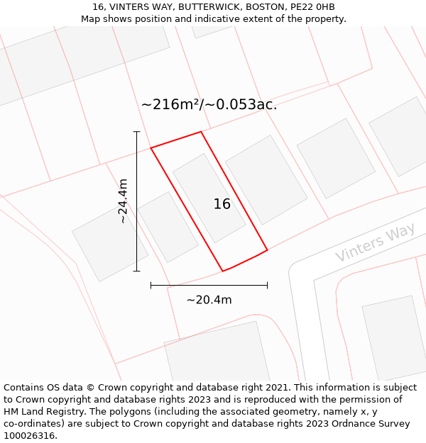 16, VINTERS WAY, BUTTERWICK, BOSTON, PE22 0HB: Plot and title map