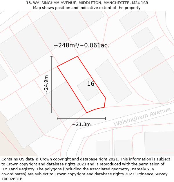 16, WALSINGHAM AVENUE, MIDDLETON, MANCHESTER, M24 1SR: Plot and title map