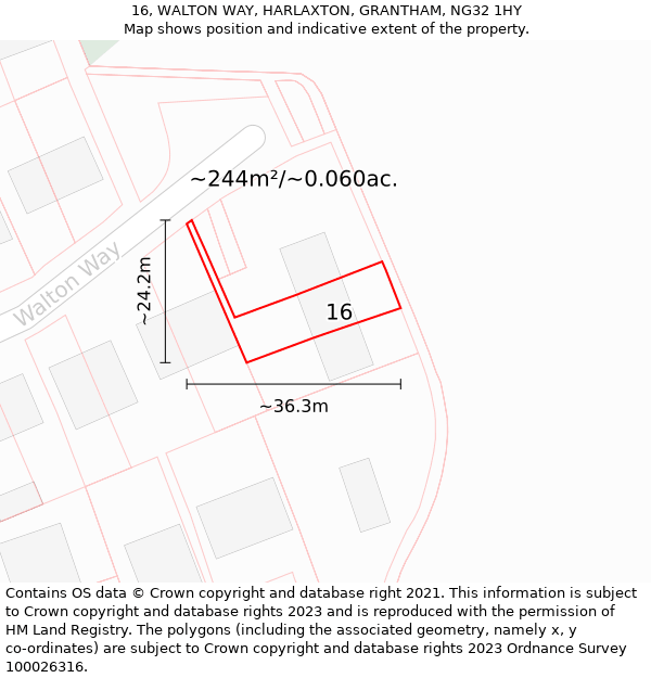 16, WALTON WAY, HARLAXTON, GRANTHAM, NG32 1HY: Plot and title map