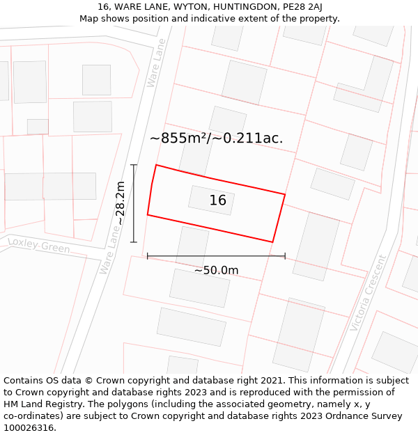 16, WARE LANE, WYTON, HUNTINGDON, PE28 2AJ: Plot and title map