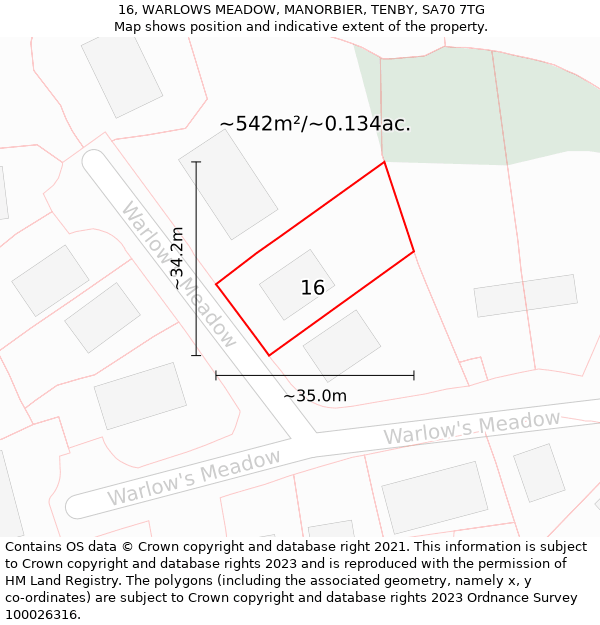 16, WARLOWS MEADOW, MANORBIER, TENBY, SA70 7TG: Plot and title map