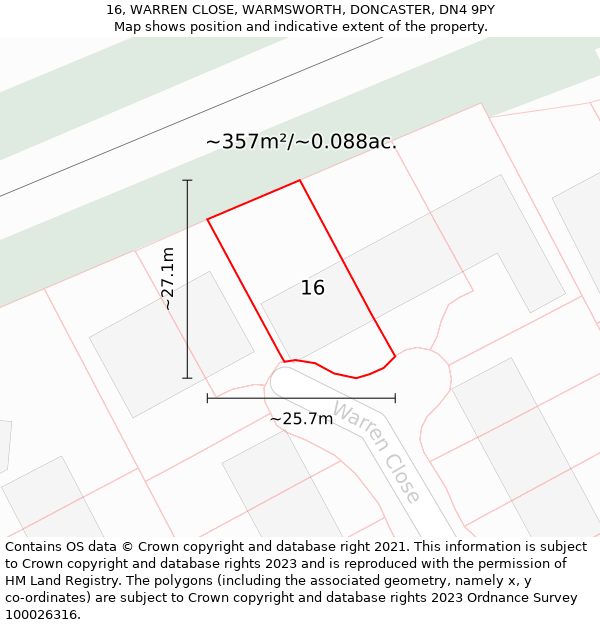 16, WARREN CLOSE, WARMSWORTH, DONCASTER, DN4 9PY: Plot and title map