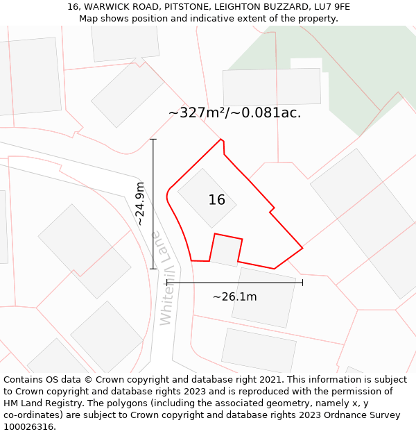 16, WARWICK ROAD, PITSTONE, LEIGHTON BUZZARD, LU7 9FE: Plot and title map